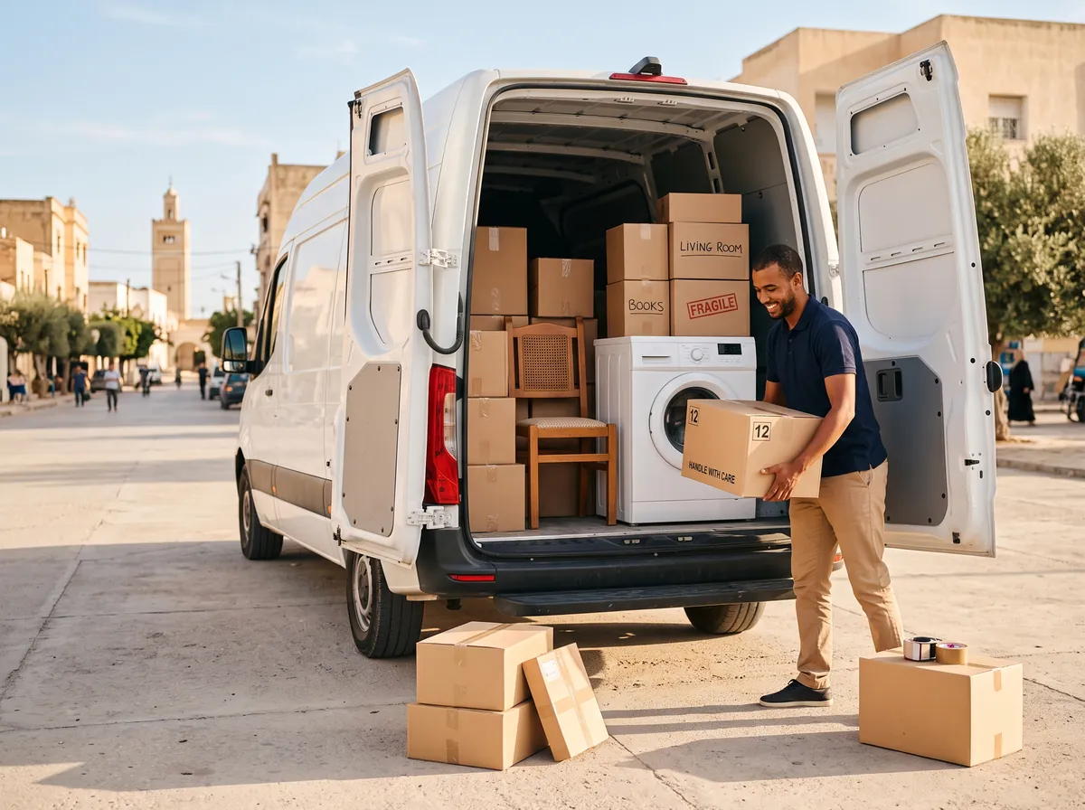 Cartons, électroménager, chaise en bois et lot de colis chargés dans un fourgon blanc par un transporteur — du petit colis au camion complet.