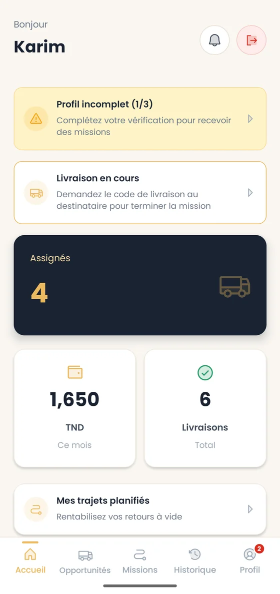 لقطة من تطبيق Transporti: لوحة تحكم السائق — المهمّات المسندة، المدخول الشهري، وعدد التوصيلات
