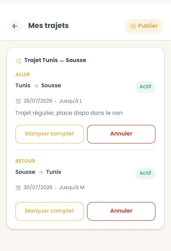 لقطة من تطبيق Transporti: رحلاتي — رحلة ذهاب وإياب نشيطة بين تونس وسوسة