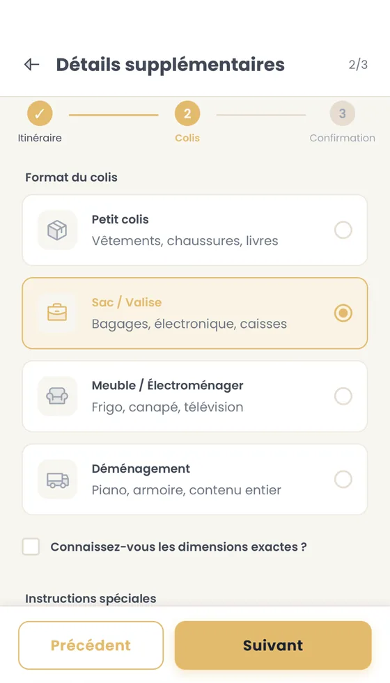 Écran de l'app Transporti : choix du format du colis — petit colis, sac/valise, meuble/électroménager ou déménagement.